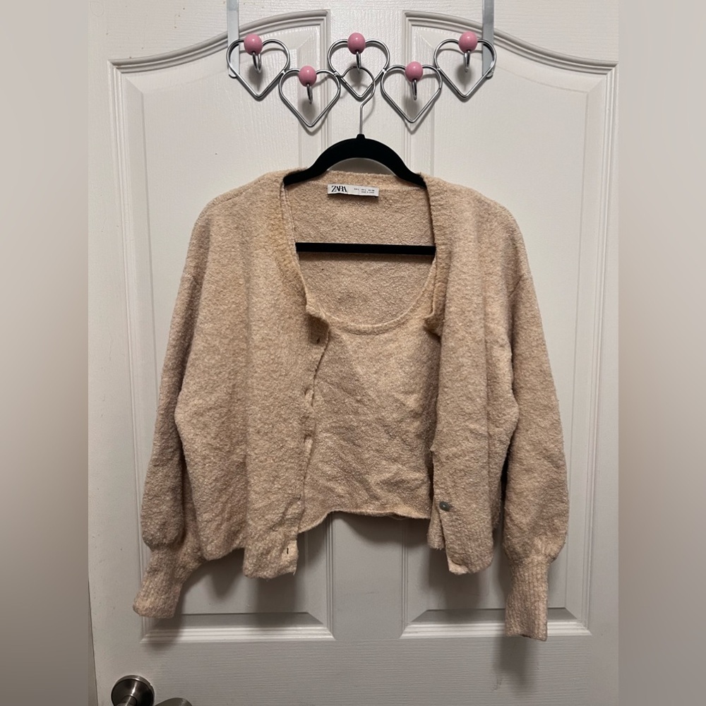 Zara Beige Sweater Button Up w Undershirt Size Large Womens